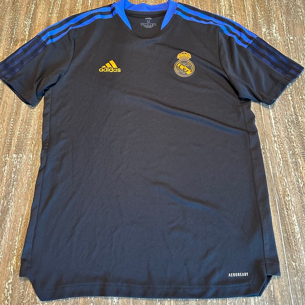 Real Madrid Soccer Workout Jersey S/S Top Shirt Black Blue Orange Men’s Size M